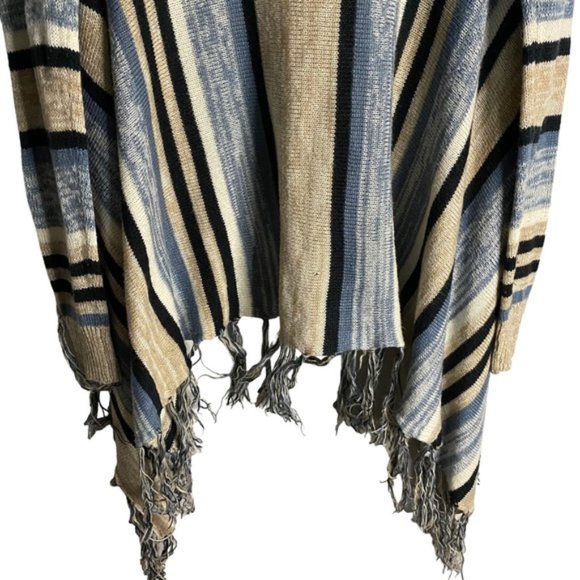 Majora Women's Tan/Blue Striped Open Front Fringed Knit Cardigan - Picture 8 of 10